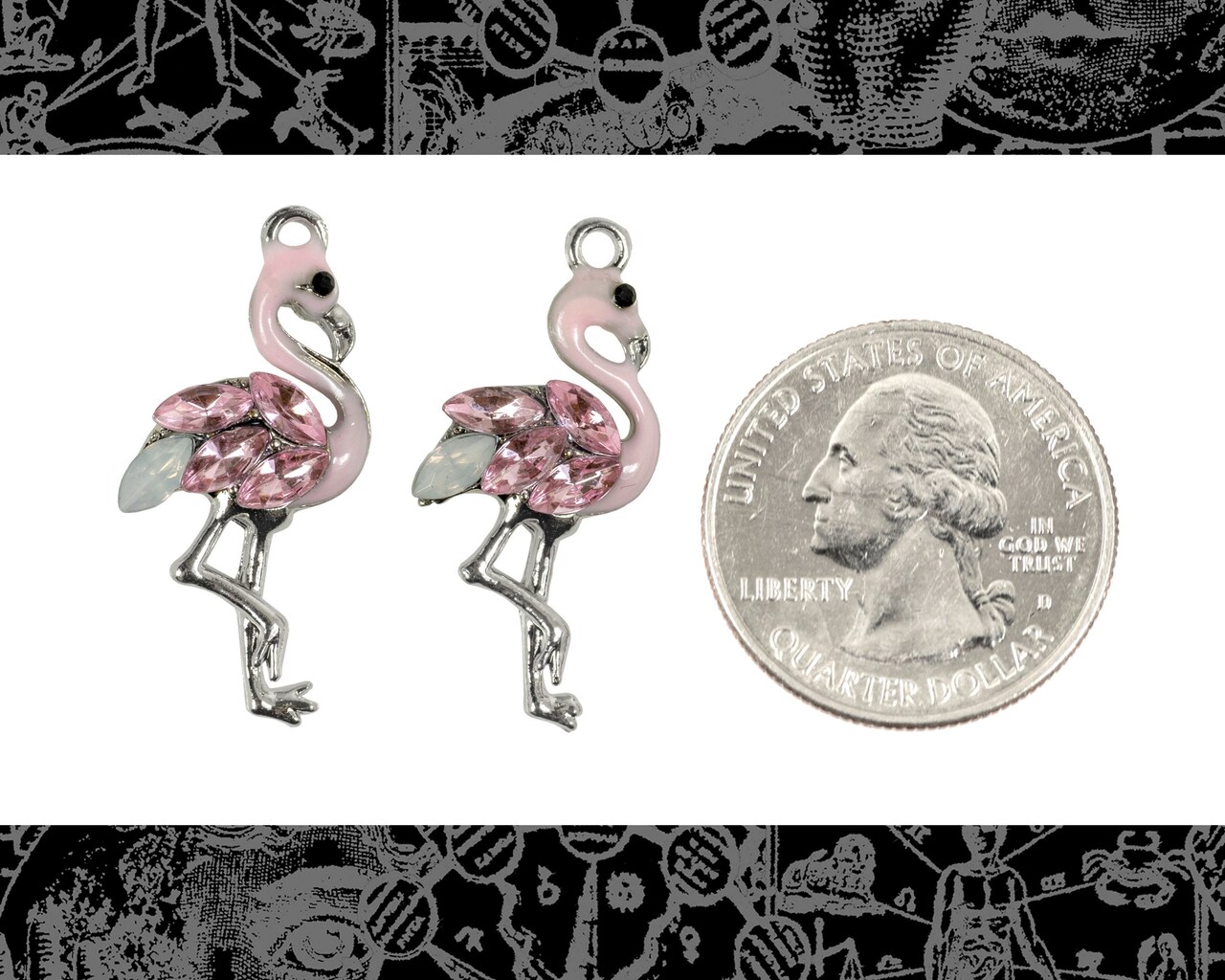 Pink Flamingo Silver Enamel and Rhinestone Charms - Set of Two - ZS-C34